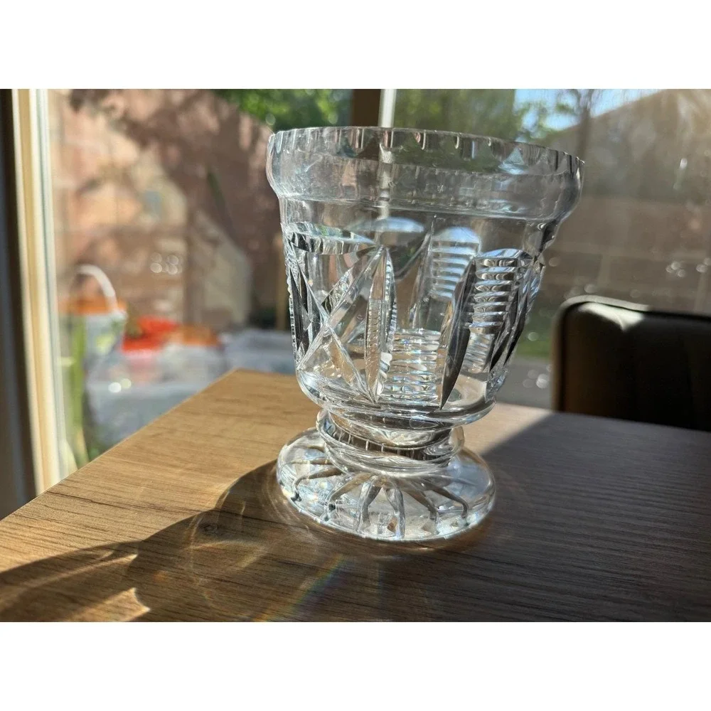 Vintage Cut Glass Crystal Serving Set Starburst Diamond Pattern 5 Pc Collection